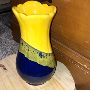 HUNGARIAN Vibrant Yellow & Blue Pottery Vase 8” X 3” VINTAGE